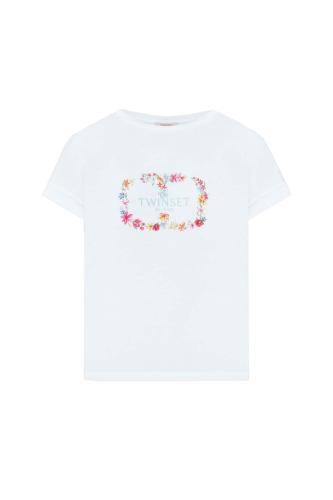 Twinset γυναικείο βαμβακερό T-Shirt με floral lettering logo - 241TP2214 Λευκό